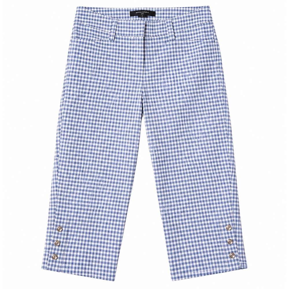 89th & Madison Blue White Gingham Capri Pants Size 6 Rhinestone Button Hem